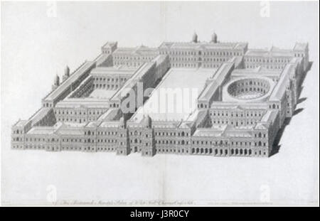 Inigo Jones schlug 1638 einen neuen Entwurf für den Whitehall Palace vor, der für seinen klassischen architektonischen Stil bekannt ist. Jones, ein englischer Architekt, sah sich eine umfassende Umgestaltung der königlichen Residenz vor. Sein Plan beinhaltete große Säle, Innenhöfe und ein raffiniertes Layout, das den Einfluss der Renaissance zum Ausdruck brachte. Obwohl es nie gebaut wurde, bleibt es ein wichtiger Teil der Architekturgeschichte. Stockfoto