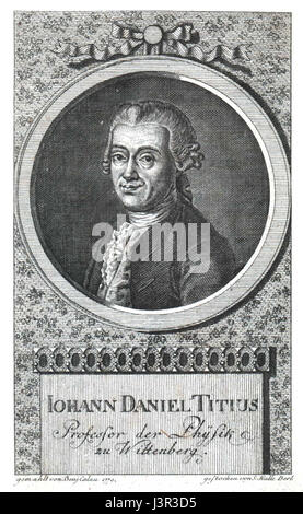 Johann Daniel Titius war ein deutscher Astronom, der vor allem für die Formulierung des Titius-Bode-Gesetzes bekannt war, das die Entfernungen von Planeten im Sonnensystem vorhersagte. Seine Arbeit trug zur frühen Planetenwissenschaft und Astronomie bei. Stockfoto