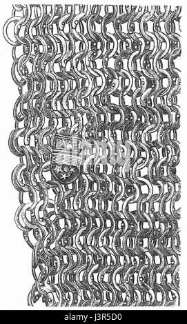 "Kettenhemd Genietetes Maschengeflecht" bezieht sich auf eine Art von Kettenmastpanzer, insbesondere ein genietetes Netz, das in mittelalterlichen Rüstungen verwendet wurde. Sie ist durch miteinander verbundene Metallringe gekennzeichnet, die im Mittelalter häufig verwendet werden. Stockfoto