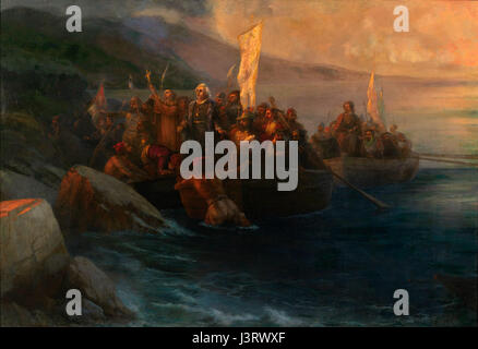 IVAN AIVAZOVSKY benannt die Landung von Christoph Kolumbus mit Begleitern auf drei Starts, am Freitag 12. Oktober 1492, bei Sonnenaufgang, auf einer amerikanischen Insel San Salvador von ihm am selben Tag Stockfoto