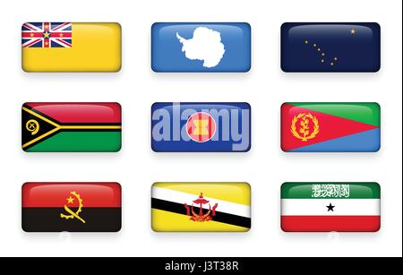 Satz der Welt-Flaggen-Rechteck-Tasten (Niue. Antarktis. Alaska. Vanuatu. ASEAN. Eritrea. Angola. Brunei Darussalam. Somaliland) Stock Vektor