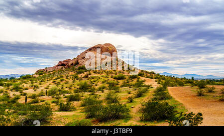Die aus rotem Sandstein Buttes Papago Park mit seinen zahlreichen Höhlen und Spalten verursacht durch Erosion unter bewölktem Himmel in der Stadt Tempe, Arizona in den USA Stockfoto