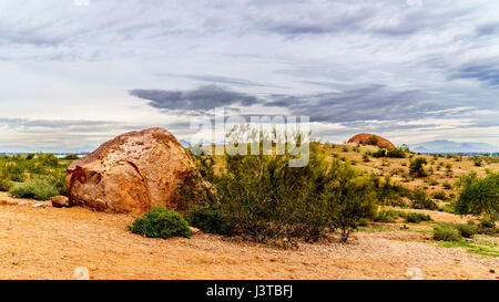 Die aus rotem Sandstein Buttes Papago Park mit seinen zahlreichen Höhlen und Spalten verursacht durch Erosion unter bewölktem Himmel in der Stadt Tempe, Arizona in den USA Stockfoto