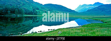 Ein noch stillen Morgen um die kultigen Blea Tarn in der Lake District Cumbria mit den Hügeln und Langdale Pikes im Hintergrund Stockfoto