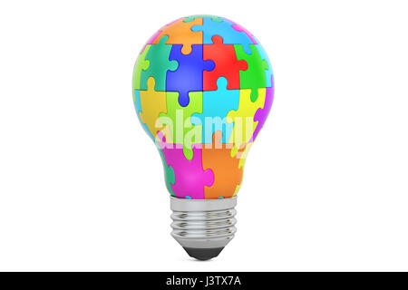 Idee-Konzept, Glühbirne von Puzzleteilen. 3D-Rendering isoliert auf weißem Hintergrund Stockfoto