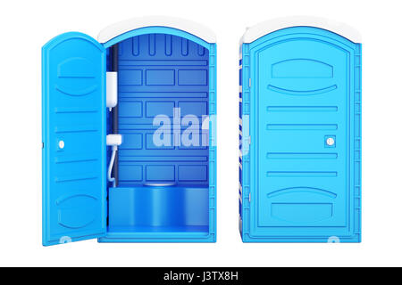 Geöffnete und geschlossene mobile blau Kunststoff Mobiltoiletten, 3D rendering Stockfoto