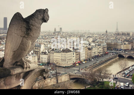 Blick von Cathedrale Notre-Dame de Paris auf der spektakulären Paris, Seine, Hotel Notre-Dame-Saint-Michel und Eiffelturm. Bild stammt von gargoy Stockfoto