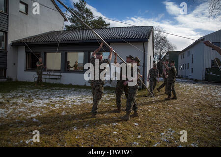 US-Marines mit Marine Rotations Kraft Europe 17.1 (MRF-E) erheben eine Antenne Mast für ein Long-Call-Hochfrequenz-Radio auf Vaernes Garnison, Norwegen, 22. April 2017. Die Marines das Radio mit Marine Corps Forces Europe und Afrikas Sitz für eine bevorstehende Kommunikationstest Verbindung eingerichtet. MRF-E unterstützt NATO Betriebspläne, erhöht Interoperabilität mit Verbündeten und Partnern und Fortschritte Bemühungen für mehr Integration. (Foto: U.S. Marine Corps Lance Cpl. Victoria Ross) Stockfoto