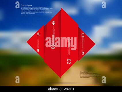 Illustration-Infografik-Vorlage mit dem Motiv des Rhombus vertikal aufgeteilt auf vier verschobene rote Abschnitte mit einfachen Zeichen, Nummer und Beispieltext. Unschärfe Stock Vektor