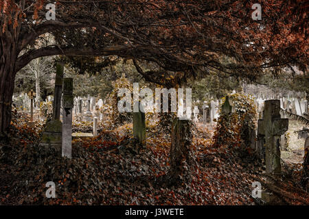 Alten Spuk überfüllt Friedhof im Herbst / Herbst mit vielen Grabsteine und Kreuze Stockfoto