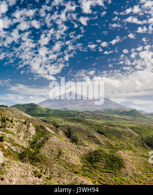 Blick auf den Teide-Vulkan von Puerto de Erjos, Teneriffa, mit spektakulären Makrelen-Wolkenformationen und zahlreichen jungen monogenetischen Vulkankegeln Stockfoto