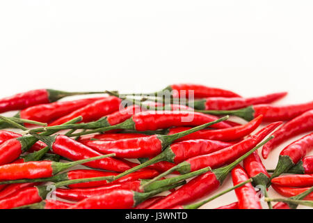 rote scharfe Chilischoten, beliebte Gewürze Konzept - isolierte Handvoll frische rote Peperoni, Hülsen, die verstreut auf weißem Hintergrund, Freiraum für Ihren Text. Stockfoto
