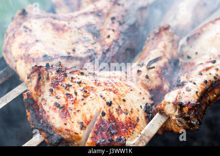 Mariniertes Rindfleisch Grill-Spieße, mariniert Skewered rohes, rotes Fleisch, Grill Schwein und Lamm Schaschlik Schaschlik, bereiten Grillfleisch im Freien. Stockfoto