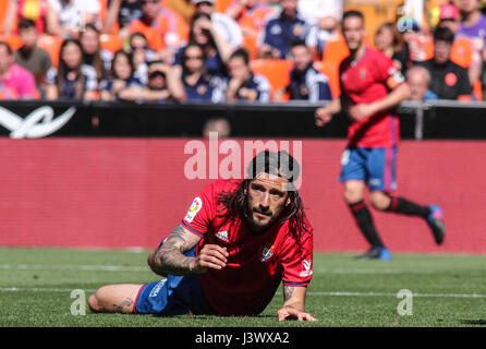 während eine spanische La Liga Fußballspiel zwischen Valencia und Osasuna in Valencia, Spanien, Sonntag, 7. Mai 2017. Stockfoto