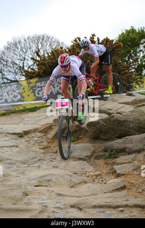 Hadleigh, Essex. VEREINIGTES KÖNIGREICH. 7. Mai 2017. Das Rennen ist die größte des Jahres für UK Cross-country und mit Hors Categorie Status Bedeutung Maxium UCI-Punkte stehen zur Verfügung, es ist eine interessante Perspektive für nationale und internationale Fahrer gleichermaßen. Für die Elite Männer und Frauen, Hadleigh Park International werden spielen eine zentrale Rolle bei der Vorbereitung von Fahrern, die dauert der Start in Nove Mesto Na Morave in Tschechien Kick starten ihre WM-Kampagne nur zwei Wochen nach. Penelope Barritt/Alamy Live-Nachrichten Stockfoto