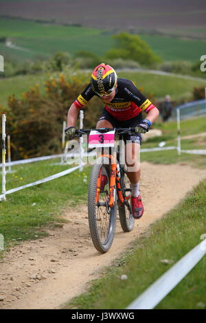 Hadleigh, Essex. VEREINIGTES KÖNIGREICH. 7. Mai 2017. Das Rennen ist die größte des Jahres für UK Cross-country und mit Hors Categorie Status Bedeutung Maxium UCI-Punkte stehen zur Verfügung, es ist eine interessante Perspektive für nationale und internationale Fahrer gleichermaßen. Für die Elite Männer und Frauen, Hadleigh Park International werden spielen eine zentrale Rolle bei der Vorbereitung von Fahrern, die dauert der Start in Nove Mesto Na Morave in Tschechien Kick starten ihre WM-Kampagne nur zwei Wochen nach. Penelope Barritt/Alamy Live-Nachrichten Stockfoto