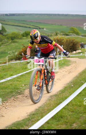 Hadleigh, Essex. VEREINIGTES KÖNIGREICH. 7. Mai 2017. Das Rennen ist die größte des Jahres für UK Cross-country und mit Hors Categorie Status Bedeutung Maxium UCI-Punkte stehen zur Verfügung, es ist eine interessante Perspektive für nationale und internationale Fahrer gleichermaßen. Für die Elite Männer und Frauen, Hadleigh Park International werden spielen eine zentrale Rolle bei der Vorbereitung von Fahrern, die dauert der Start in Nove Mesto Na Morave in Tschechien Kick starten ihre WM-Kampagne nur zwei Wochen nach. Penelope Barritt/Alamy Live-Nachrichten Stockfoto