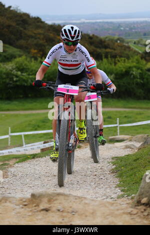 Hadleigh, Essex. VEREINIGTES KÖNIGREICH. 7. Mai 2017. Das Rennen ist die größte des Jahres für UK Cross-country und mit Hors Categorie Status Bedeutung Maxium UCI-Punkte stehen zur Verfügung, es ist eine interessante Perspektive für nationale und internationale Fahrer gleichermaßen. Für die Elite Männer und Frauen, Hadleigh Park International werden spielen eine zentrale Rolle bei der Vorbereitung von Fahrern, die dauert der Start in Nove Mesto Na Morave in Tschechien Kick starten ihre WM-Kampagne nur zwei Wochen nach. Penelope Barritt/Alamy Live-Nachrichten Stockfoto