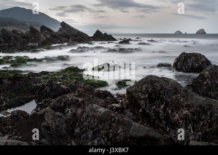 Langzeitbelichtung verwischt die einlaufenden Wellen von einer extremen Niedrigwasser in den frühen Morgenstunden auf der Küste von Oregon, USA. Stockfoto