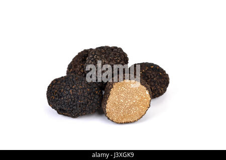 Frische italienische schwarze Herbst Trüffel auf weißem Hintergrund Stockfoto