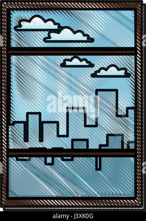 Zeichenfenster mit Aufbau der städtischen Skyline Blick Stock Vektor