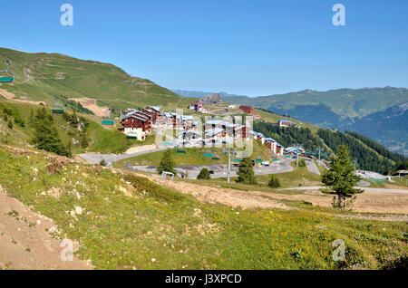 La Plagne Bergdorf in den französischen Alpen, Gemeinde in der Tarentaise-Tal, Savoie-Abteilung und die Region Rhône-Alpes in Frankreich Stockfoto