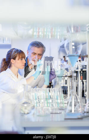 Gesundheitswesen Forscher arbeiten in wissenschaftlichen Labor Leben. Junge weibliche Forschung Wissenschaftler und Senior männlichen Vorgesetzten suchen fokussiert sich im Tablet-co Stockfoto