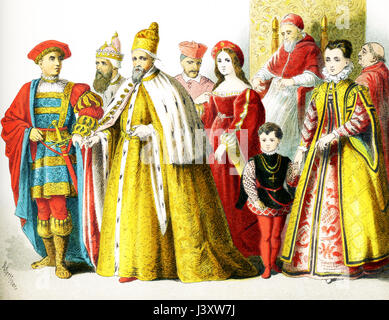 Die hier abgebildeten Figuren repräsentieren Italiener um 1500 n. Chr. Sie sind von links nach rechts: Mann von Rang, Doge von Venedig, Doge von Venedig, Kardinal im Haus Kleid, Frau von Rang, Papst im Haus-Kleid: Julius II, Frau von Rang mit ihrem Sohn, Kardinal in Haus Kleid. Die Abbildung stammt bis 1882. Stockfoto