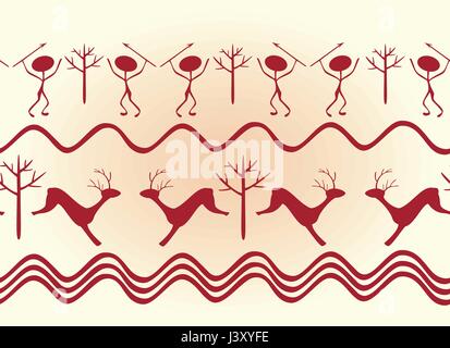 Nahtlose Muster im Ethno-Stil der alten Indianer mit Szenen der Jagd auf alte Menschen und Tiere. EPS10 Vektor-illustration Stock Vektor