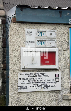 Ulva Fähre Info-Tafel auf der Isle of Mull, Schottland. Stockfoto