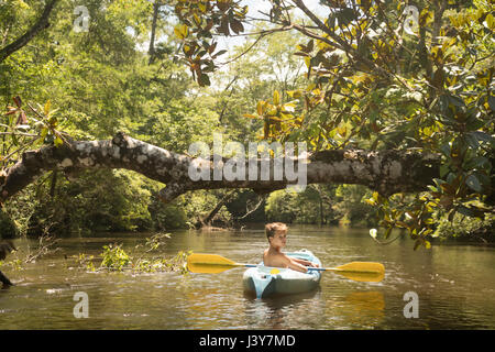 Teenager im Kajak, Econfina Creek, Youngstown, Florida, USA Stockfoto