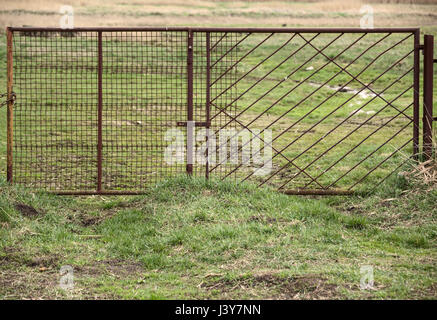 Ein rostiges Metall Tor auf einer Wiese. Stockfoto