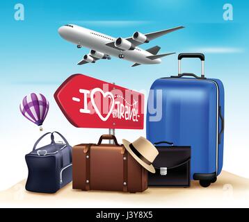 Reise- und Tour-Vektor-Hintergrund-Design mit Set und Sammlungen von Beuteln mit Flugzeug fliegen in den blauen Himmel. Vektor-Illustration. Stock Vektor