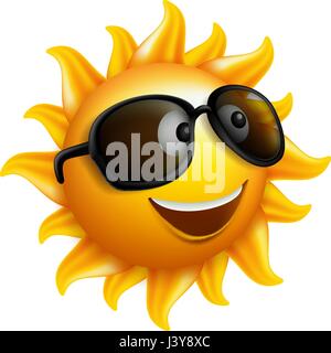 Vector Design Sommer Sonne Gesicht mit Sonnenbrille und glückliches Lächeln Charakter in weißen Hintergrund isoliert. Vektor-Illustration. Stock Vektor