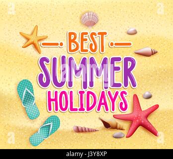Besten Sommer Ferien bunte Titel Wörter im Strand gelbe Sand mit Pantoffeln, Seesterne und Muscheln. Vektor-Illustration Stock Vektor