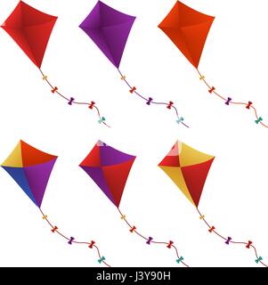 Bunte fliegende Drachen Set in weißem Hintergrund für Sommer-Elemente. Vektor-Illustration Stock Vektor