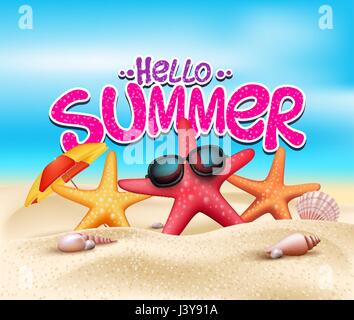 Sommer Zeit Titel Vektor im Meer Strand mit realistischen Muscheln und Objekten. Drachen fliegen unter der hellen Sonne Vektor-Illustration. Stock Vektor