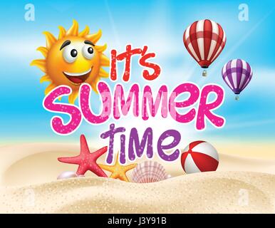 Sommer Zeit Titel Vektor im Meer Strand mit realistischen Muscheln und Objekten. Heißluft Ballons fliegen entlang der hellen Sonne Vektor-Illustration. Stock Vektor