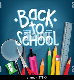 Zurück zu Schule Titel Worte Vektor mit Schule Artikel mit Buntstifte, Schere, Lupe und Herrscher in einem blauen Textur-Hintergrund. Stock Vektor