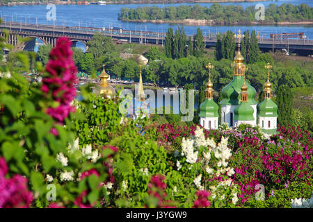 Frühling-Blick auf Vydubychi Kloster und "Dnipro" Fluss mit lila Blüte im Botanischen Garten in Kiew, Ukraine Stockfoto