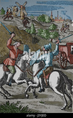 Don Quixote, Miguel de Cervantes. 17. Jh. Don Quijote und Sancho kämpfen mit dem Schwert und im Hintergrund Don Quijote gilt, fahren in Richtung Stockfoto