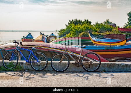 Aveiro ist eine Stadt an der Westküste von Portugal entlang einer Lagune genannt Ria de Aveiro. Es zeichnet sich durch seinen Kanälen navigiert durch die bunten Boote (Barcos Moliceiros), traditionell verwendet, um Algen zu ernten. Moliceiro ist die Bezeichnung für die Boote, die in der Ria de Aveiro, Lagune Region des Flusses Vouga zirkulieren. Dieses Schiff war ursprünglich für das Ernten der Moliço benutzt, aber derzeit mehr für touristische Zwecke genutzt. Stockfoto