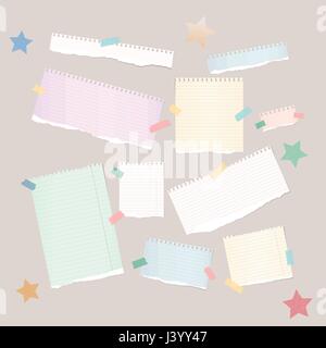 Weiße und bunte Note gerissen, Streifen Notebook, Interfacemodule fest mit Klebeband und Sternen auf braunem Hintergrund Stock Vektor