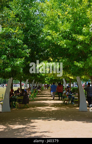 Öffentliche Sitzgelegenheiten unter Eichen und dekorative Bögen Linie, die die Promenade am Klyde Warren Park einer vertieften Autobahn in der Innenstadt von Dallas oberhalb Stockfoto