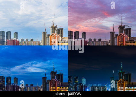 4 Momente von Tag auf Nacht Ansicht der Baustelle in Downtown Singapur Skyline mit dramatische Wolken Stockfoto