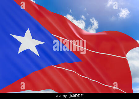 3D rendering von Puerto Rico Fahnenschwingen auf blauen Himmelshintergrund, es bedeutet Rich Port auf Spanisch, ist Puerto Rico ein Territorium der Vereinigten Staaten. Es Beca Stockfoto