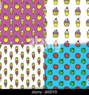 Bright Sommer Musterdesigns, Neon-Farben. Leckeren frischen Desserts, Vektor-Design-Elemente. Eis, Cocktails, Kuchen, tropischen Früchten aneinander Hinterg Stock Vektor