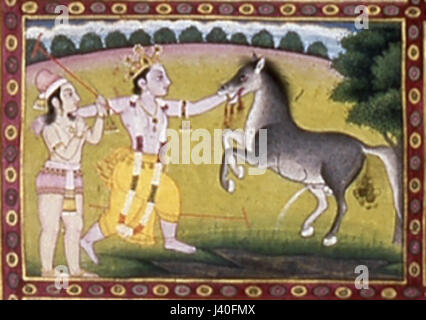 Die Krishna-Saga mit Keshi erzählt die Geschichte von Krishnaâ Kampf mit dem Dämon Keshi, einem pferdeförmigen Dämon, aus der hinduistischen Mythologie. Diese Geschichte zeigt Krishnaâ Stärke und göttliche Natur bei der Überwindung bösartiger Mächte. Stockfoto