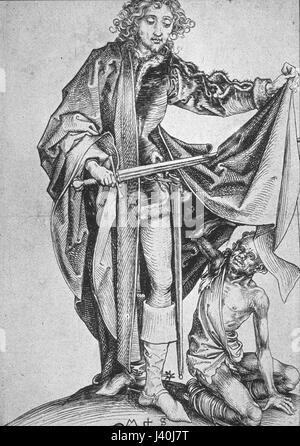 Der Titel bezieht sich auf den „Heilige Martin“ von Martin Schongauer, einem deutschen Kupferstecher, der den heiligen Martin und seine legendäre Geschichte darstellt, seinen Mantel mit einem Bettler zu teilen. Stockfoto