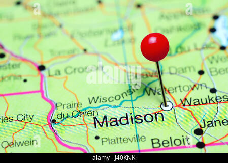 Madison fixiert auf einer Karte von Wisconsin, USA Stockfoto